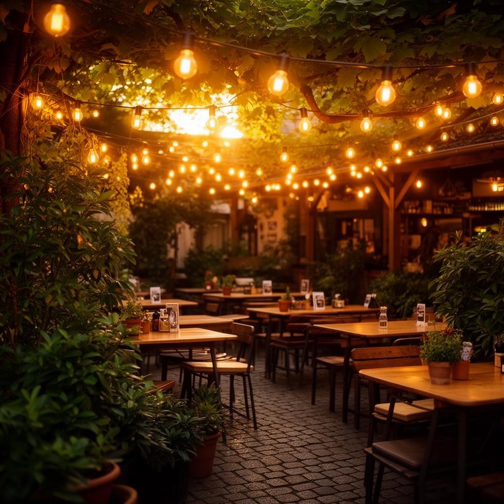 Gemütlicher Biergarten am Abend mit warmer Lichterkette